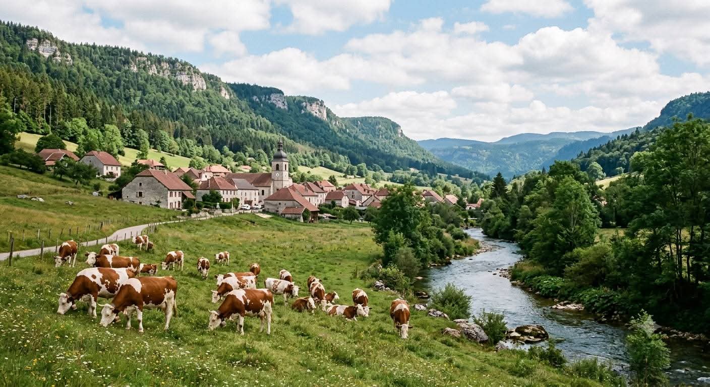 paysage dans le Haut Doubs avec des vaches au bord de l'eau et des roches